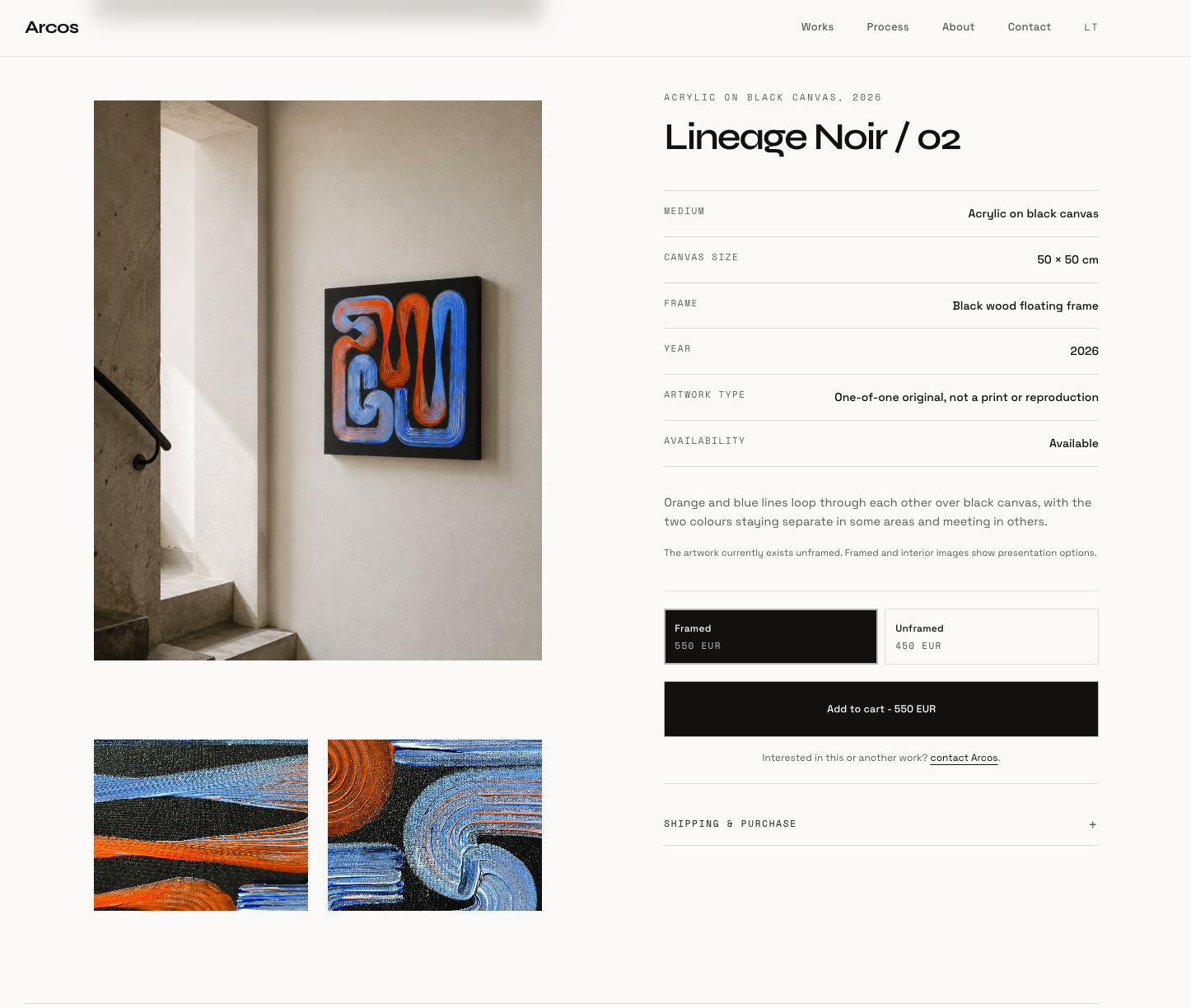 Arcos artwork detail page with catalogue metadata, availability, framing choices, and add-to-cart action