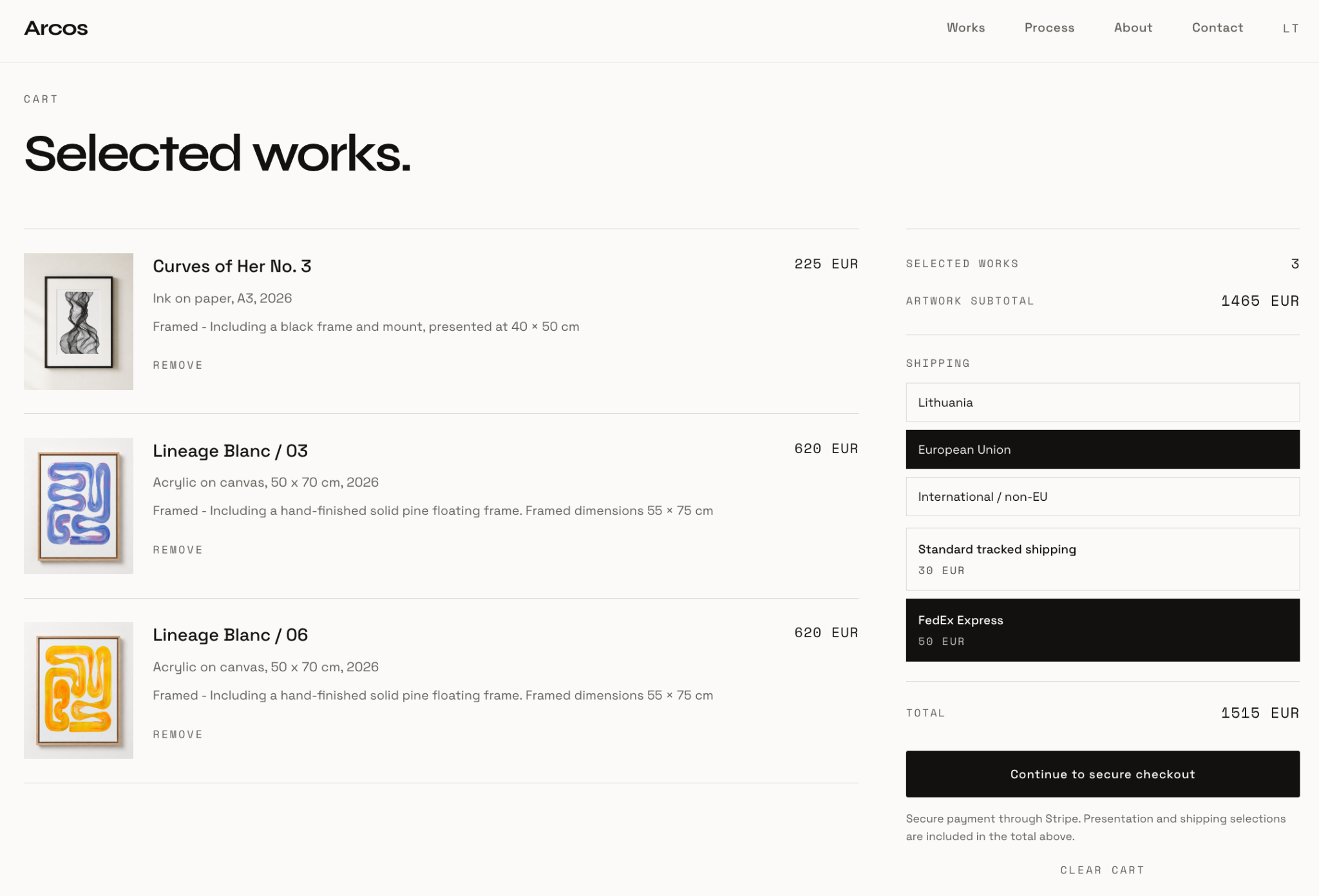 Arcos cart with three artworks, presentation choices, regional shipping, total, and secure checkout action