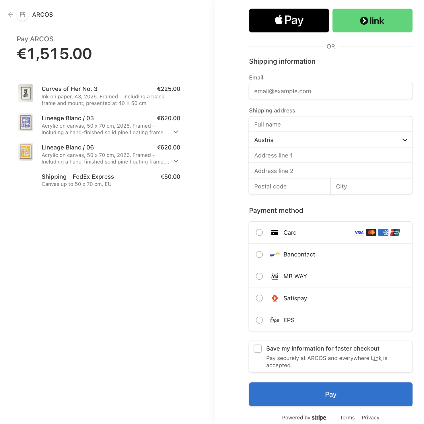 Stripe Checkout for an Arcos order with shipping information and payment methods